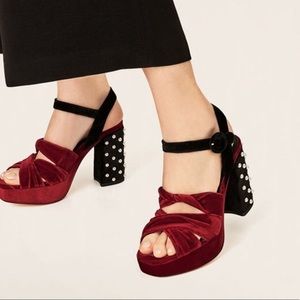 Zara Velvet Studded Block Heel Sandals